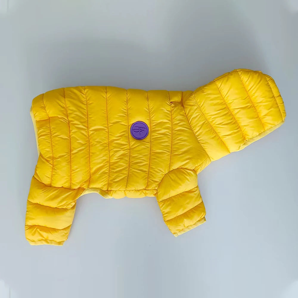 Yellow dog puffer coat with a purple logo on a light gray background