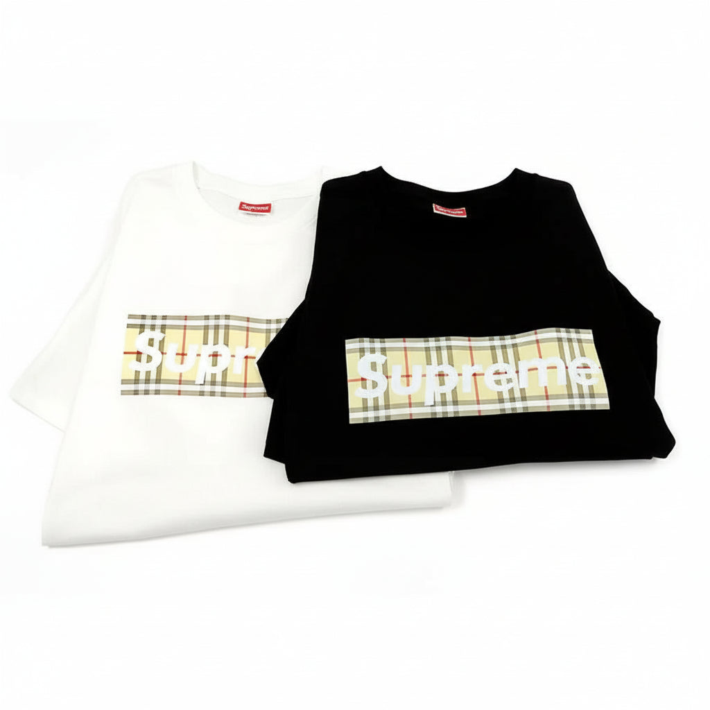 Black sweatshirt with plaid design and text on a white background