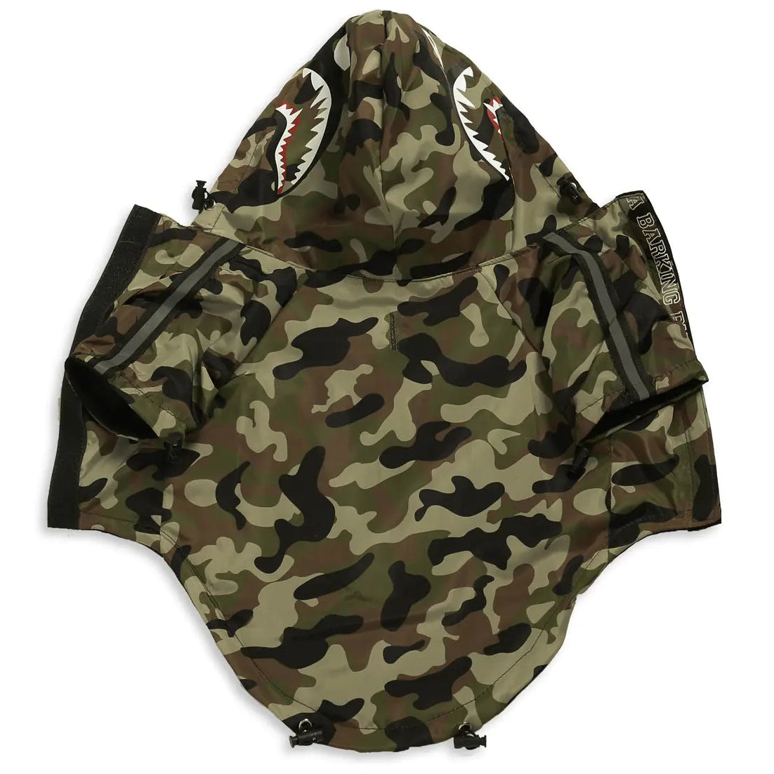 Camouflage-patterned hoodie with shark mouth design on a white background