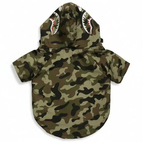 Camouflage-patterned hoodie with shark mouth design on a white background
