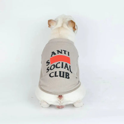 Dog wearing a 'Anti Social Club' shirt on a white background
