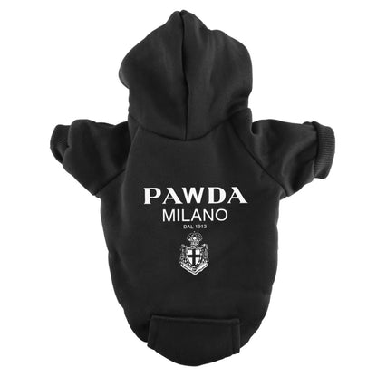 Black pet hoodie with 'PAWDA MILANO' text and logo on a white background