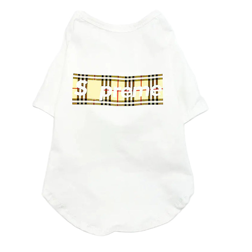 White t-shirt with a plaid pattern on a white background