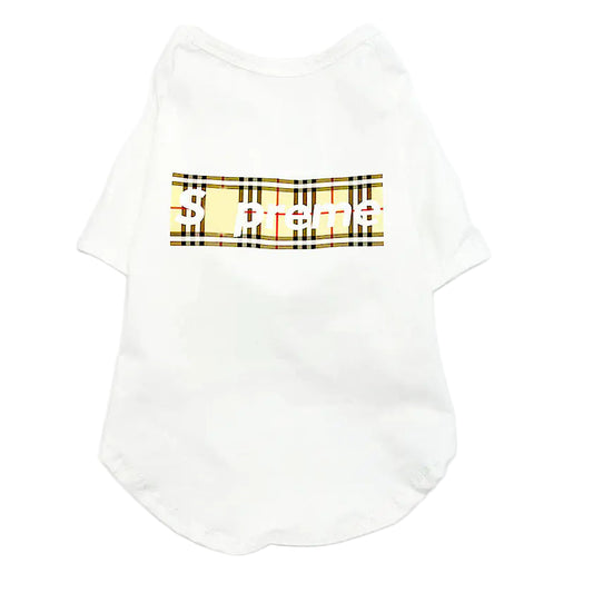 White t-shirt with a plaid pattern on a white background