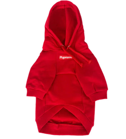 Red hoodie with a brand logo on a white background
