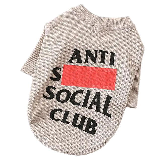 Dog shirt with 'ANTI SOCIAL CLUB' text on a white background