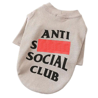 Dog shirt with 'ANTI SOCIAL CLUB' text on a white background