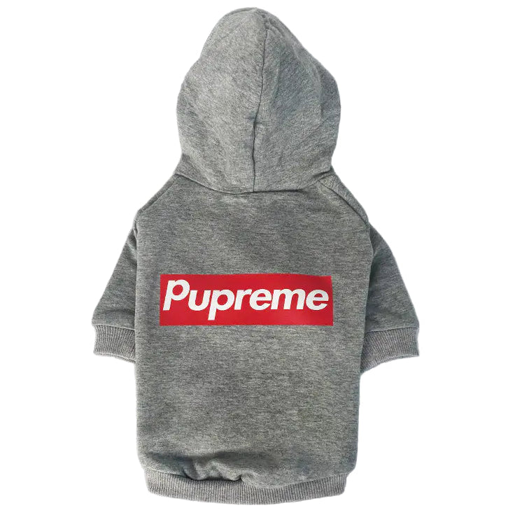 Gray pet hoodie with a red 'Supreme' logo on a white background