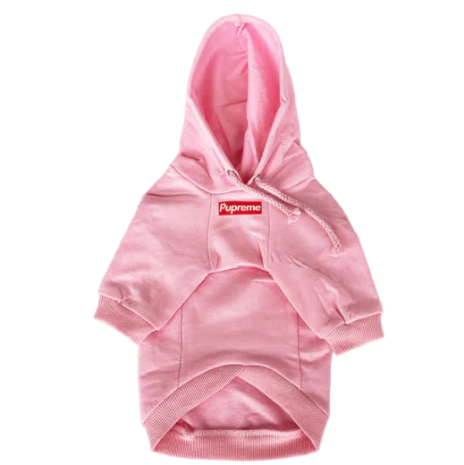 Pink hoodie with a red logo on a white background