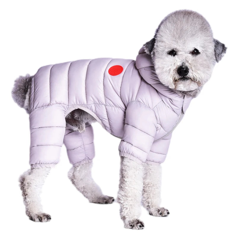 Dog wearing a white puffer coat with a red circle on a white background