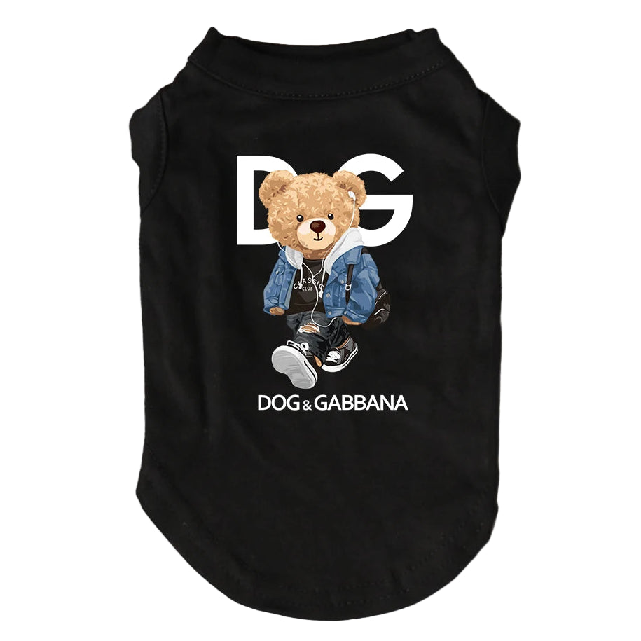 Black pet shirt with teddy bear graphic and 'DOG & GABBANA' text on a gray background