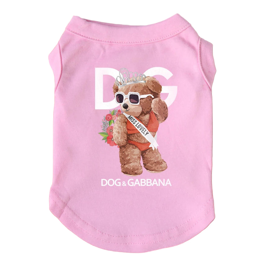 Pink dog shirt with teddy bear graphic and 'Dog of Gabbana' text on a pink background