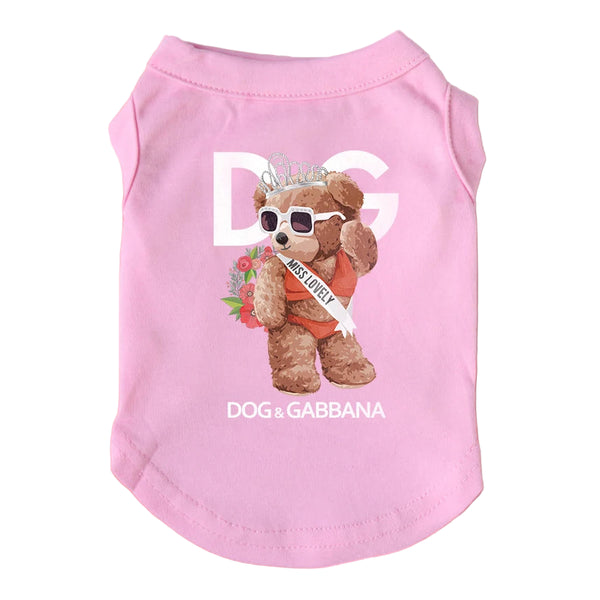 Pink dog shirt with teddy bear graphic and 'Dog of Gabbana' text on a pink background