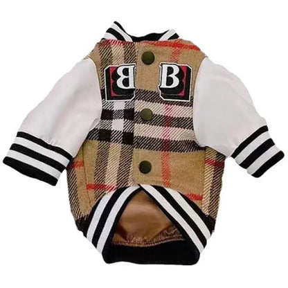 Dog sweater with plaid pattern and brand logo on a white background