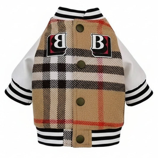 Dog sweater with plaid pattern and brand logo on a white background