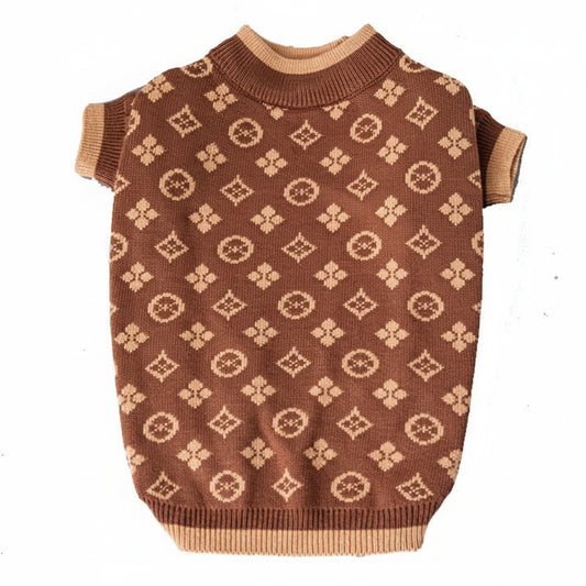 Brown patterned dog sweater on a white background