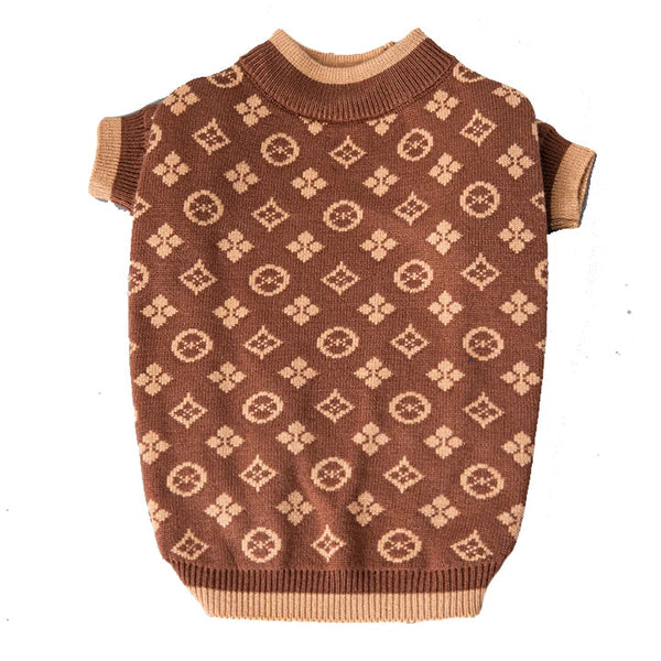 Brown patterned dog sweater on a white background