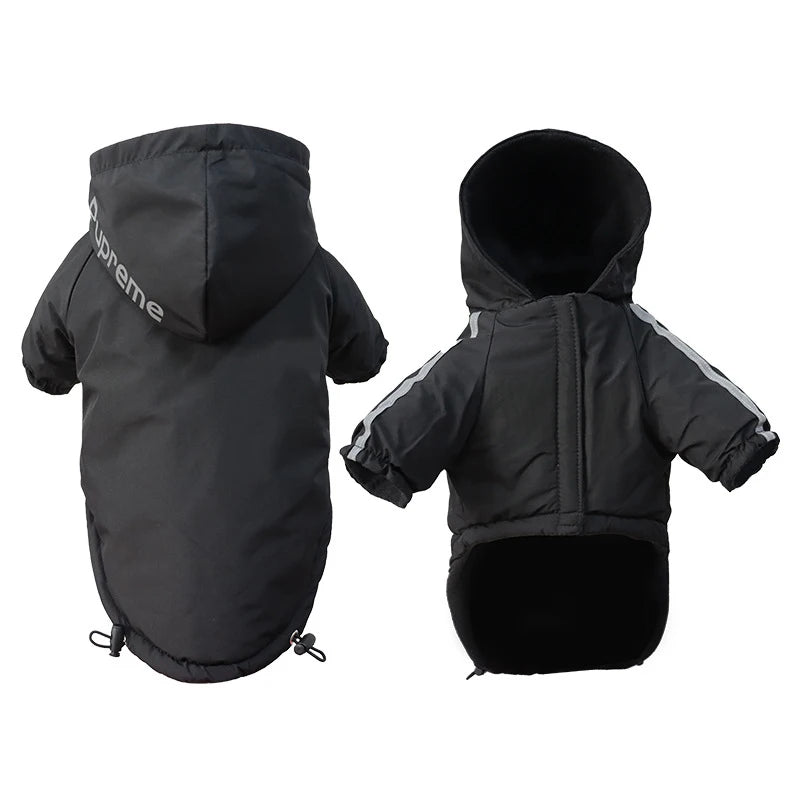 Black pet snowsuit with Supreme logo on a white background