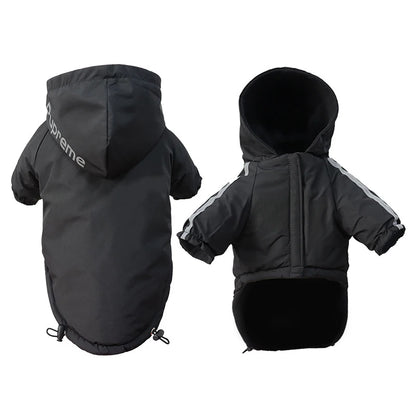 Black pet snowsuit with Supreme logo on a white background