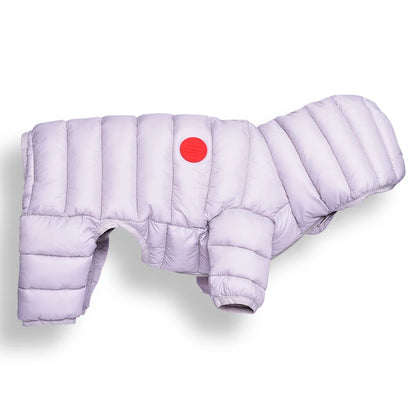 Purple puffer dog coat with a red circle on a white background