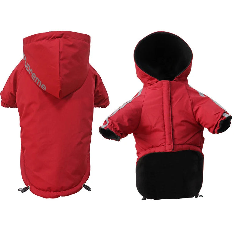Red pet jacket with black interior, shown from front and back on a white background.