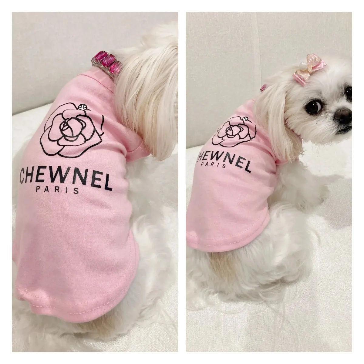Two images of a small dog wearing a pink 'CHEWENEL PARIS' outfit on a white background.
