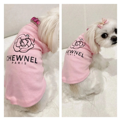 Two images of a small dog wearing a pink 'CHEWENEL PARIS' outfit on a white background.