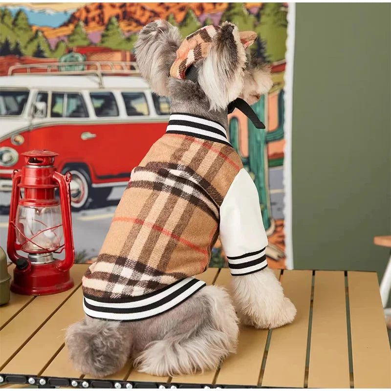 Dog wearing a plaid sweater with a vintage car and lantern in the background