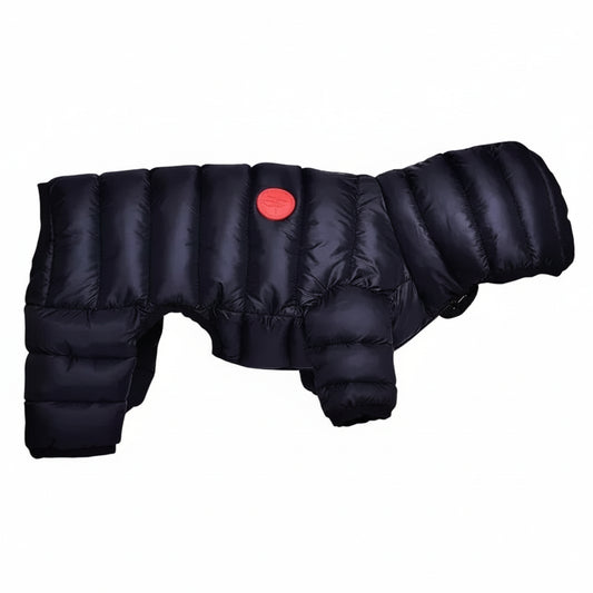 Black puffer dog coat with a red button on a white background