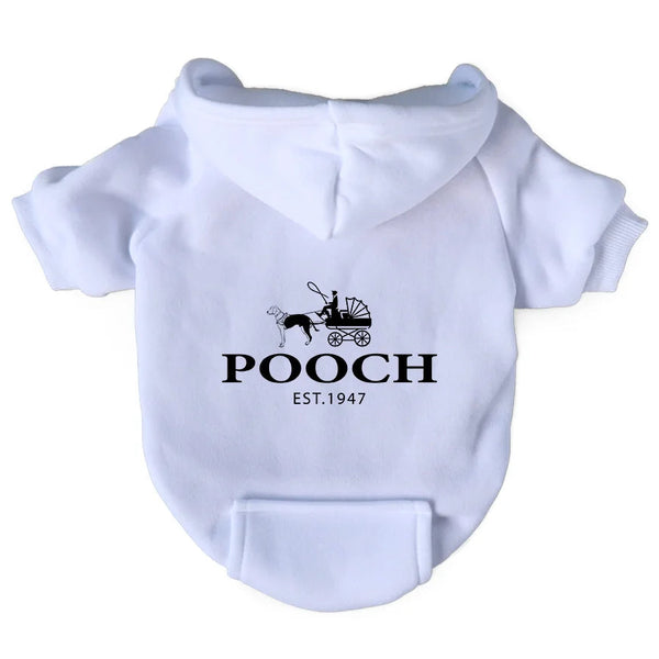 White pet hoodie with 'POOCH EST. 1947' text and logo on a white background