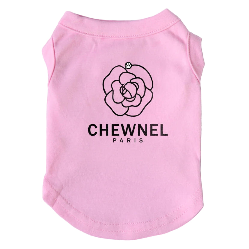 Pink pet shirt with 'Chewnel Paris' logo on a pink background