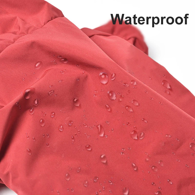 Red fabric with water droplets and 'Waterproof' text