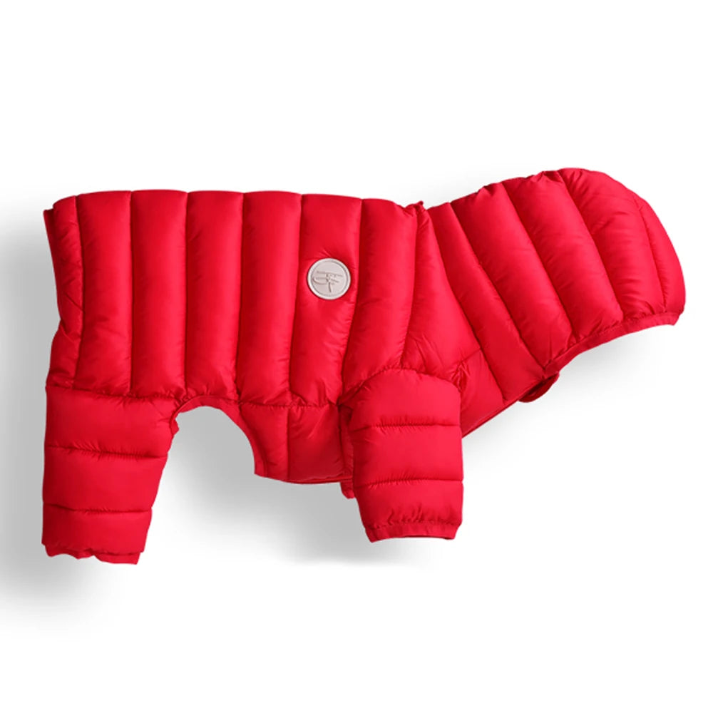 Red puffer dog coat on a white background