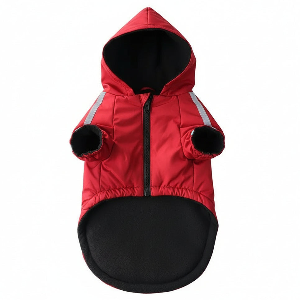 Red and black dog coat with reflective stripes on a white background