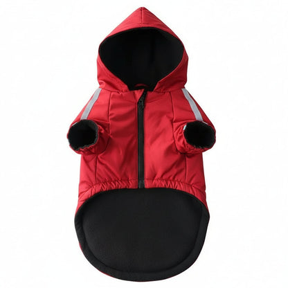 Red and black dog coat with reflective stripes on a white background