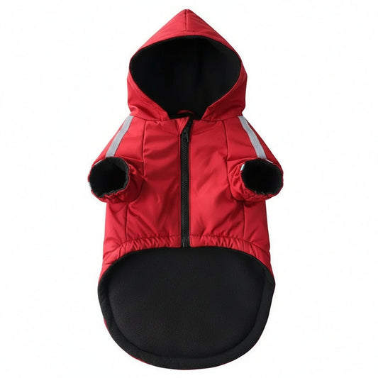 Red and black dog coat with reflective stripes on a white background