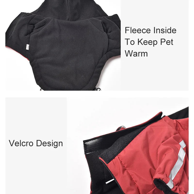 Black pet coat with fleece lining and red pet coat with Velcro design on a white background.