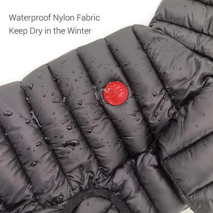 Gray puffer jacket with water droplets and a red button, labeled 'Waterproof Nylon Fabric Keep Dry in the Winter'.
