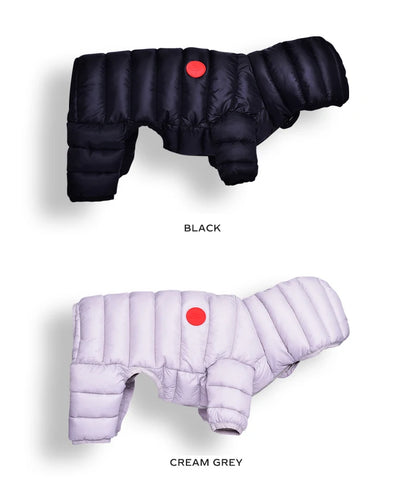 Black and cream grey dog coats with red buttons on a white background