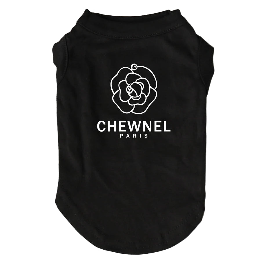 Black pet shirt with white logo and text on a gray background