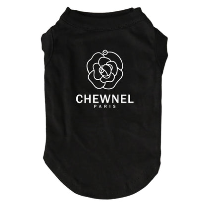 Black pet shirt with white logo and text on a gray background