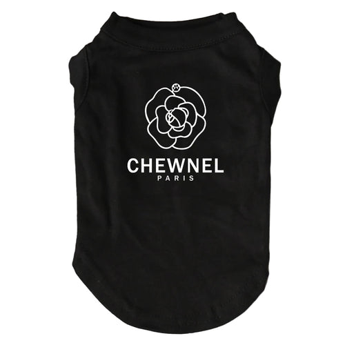 Black pet shirt with white logo and text on a gray background