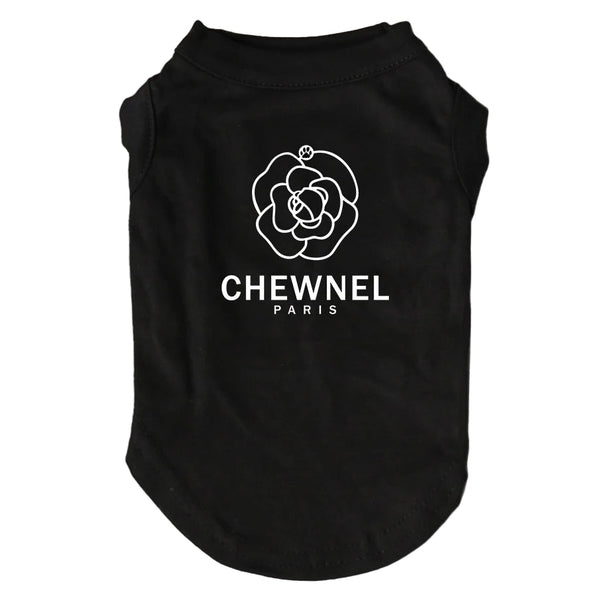 Black pet shirt with white logo and text on a gray background