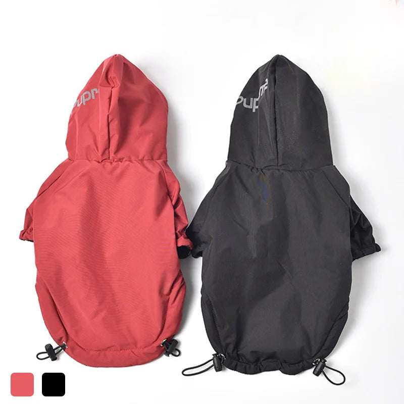 Red and black pet raincoat with 'Pup' branding on a white background