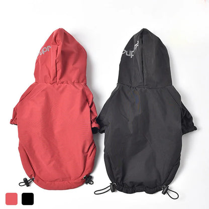 Red and black pet raincoat with 'Pup' branding on a white background