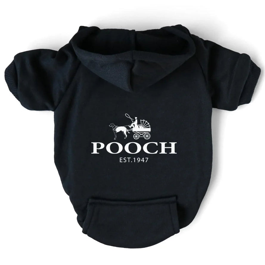 Black pet hoodie with 'POOCH EST. 1947' logo on a white background