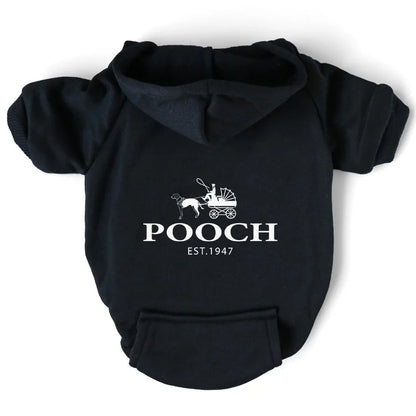 Black pet hoodie with 'POOCH EST. 1947' logo on a white background