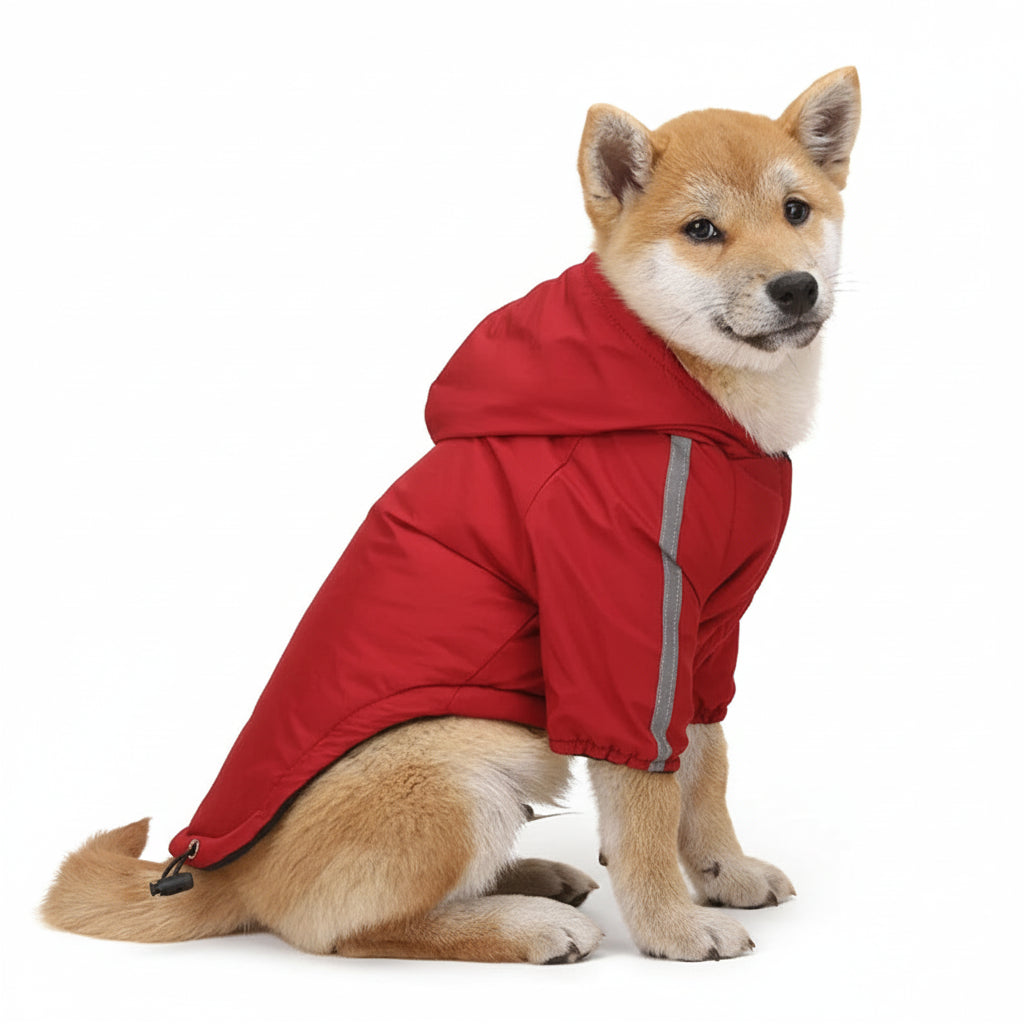 Dog wearing a red raincoat on a beige background