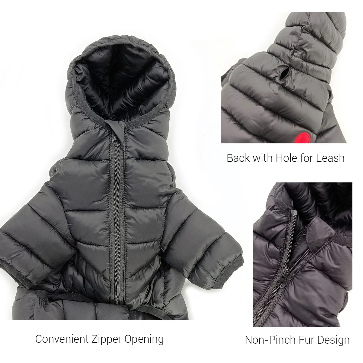 Gray puffer coat with features highlighted on a white background