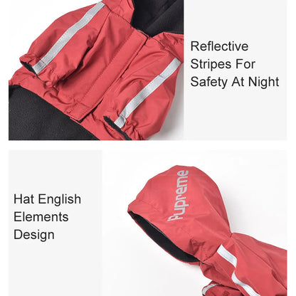 Red jacket with reflective stripes and English elements design on a white background